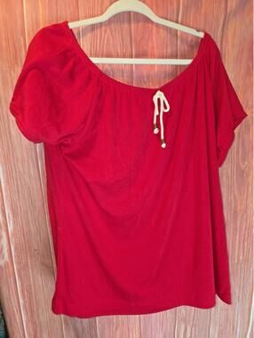 Carolina Colours Plus Red Beaded Drawstring Scoop Neck Peasant Top 20W